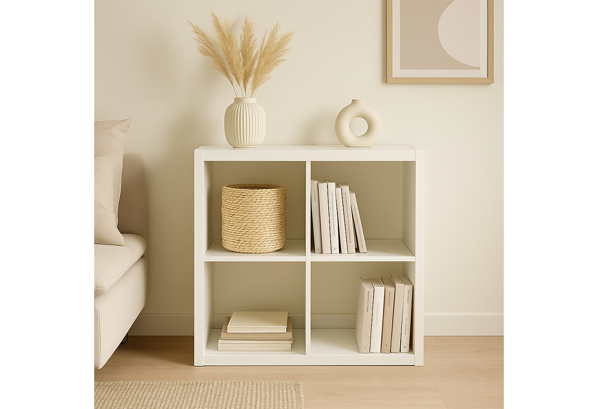 Απεικονίζεται η βιβλιοθήκη σε ένα σαλόνι.